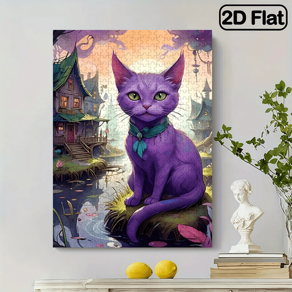 500 pieces of fun "Purple Magic Cat and Riverbank Fairy Tale House" vertical jigsaw puzzles, perfect for party games.