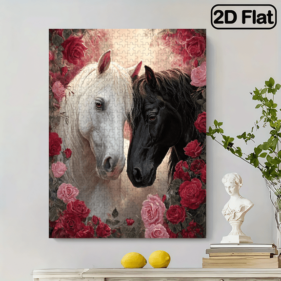 500 pieces of horizontal paper jigsaw puzzles - romantic white horses and black horses. Dimensions: 20.5 * 15 inches.