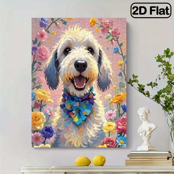 500 pieces of the fun "Smiling Dachshund in the Flower Bed" vertical jigsaw puzzle, perfect for party games.