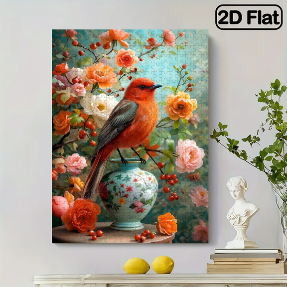 500 pieces of the lively cardinal porcelain vase with floral decoration-themed puzzle
