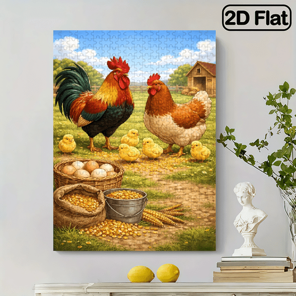 500 pieces of vertical paper jigsaw puzzle - A cozy chicken coop, with dimensions of 15 x 20.5 inches.