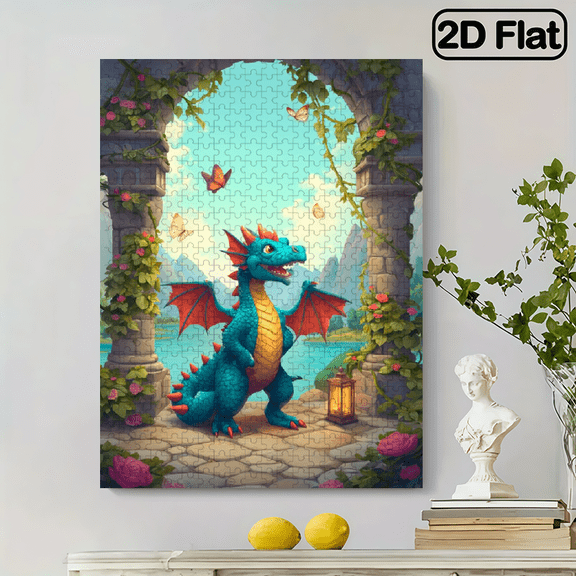 500 pieces of vertical paper jigsaw puzzle - A dragon with wings is standing in the manor. The size is 15*20.5 inches.