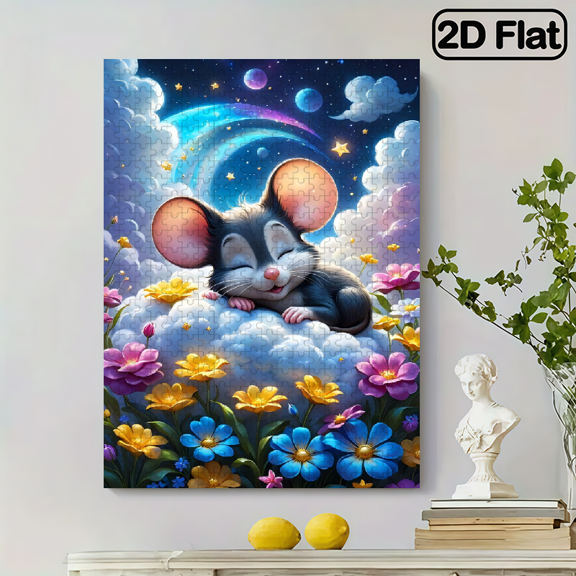 500 pieces of vertical paper jigsaw puzzle - A mouse sleeping on a cloud, with dimensions of 15 x 20.5 inches.