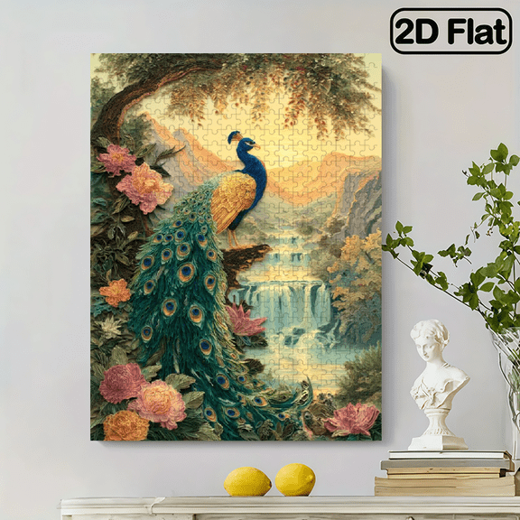 500 pieces of vertical paper jigsaw puzzle - An elegant peacock beside a waterfall The size is 15 x 20.5 inches.