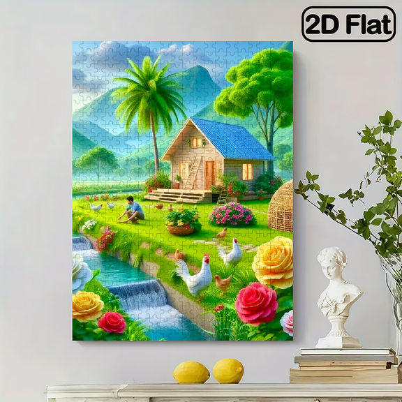500 pieces of vertical paper jigsaw puzzle - Farmhouse by the Stream, with dimensions of 15 x 20.5 inches.