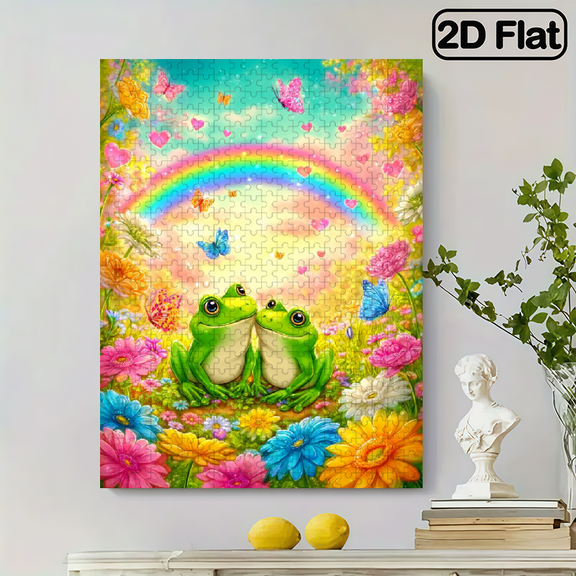 500 pieces of vertical paper jigsaw puzzle - Lovers' Frogs in the Rainbow Garden . Dimensions: 15 * 20.5 inches.