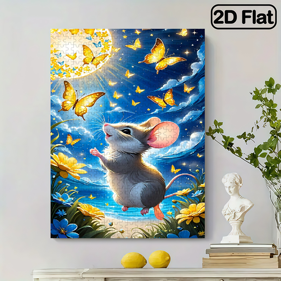 500 pieces of vertical paper jigsaw puzzle - a group of golden butterflies and a mouse, with dimensions of 15 x 20.5 inches.