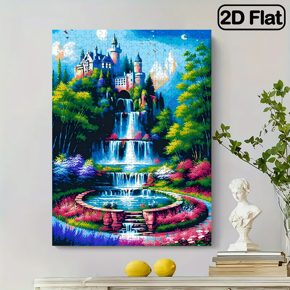 500 pieces of vertical paper jigsaw puzzle - castle waterfall, with dimensions of 15 x 20.5 inches.