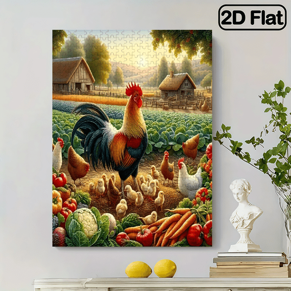 500 pieces of vertical paper jigsaw puzzle - chickens in a rural vegetable field, size 15 x 20.5 inches.