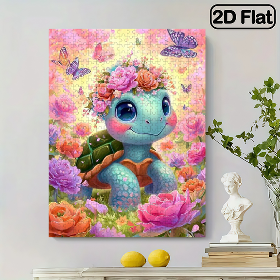 500 pieces of vertical paper jigsaw puzzle - cute turtle wearing a garland, size 15*20.5 inches.