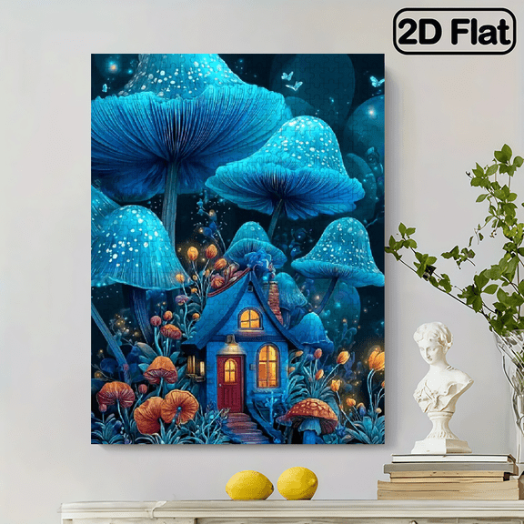 500 pieces of vertical paper jigsaw puzzle - fantastical blue mushrooms and houses, with dimensions of 15 x 20.5 inches.