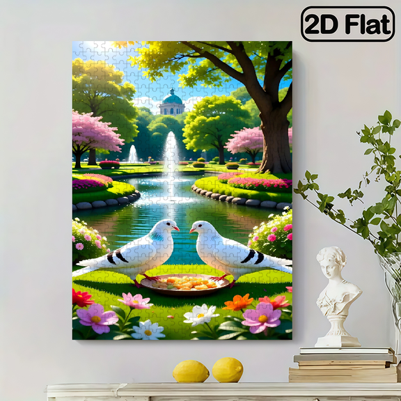 500 pieces of vertical paper jigsaw puzzle - pigeons beside the fountain pool, size 15 x 20.5 inches.