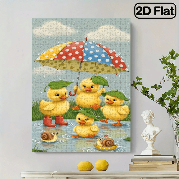 500 pieces of vertical paper jigsaw puzzle - yellow duck holding an umbrella, size 15 x 20.5 inches.