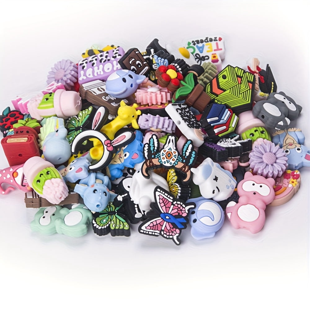 50 piezas de cuentas de silicona multicolor y multidiseño - Cuentas sueltas de animales en 3D para hacer joyería DIY, llaveros, pulseras y accesorios de manualidades