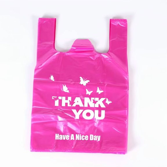500 plastic bags, pink butterfly thank you Designed for use in grocery stores, shopping bags, restaurants, convenience stores, food bags Supermarket store shopping tote bags Disposable takeaway bags