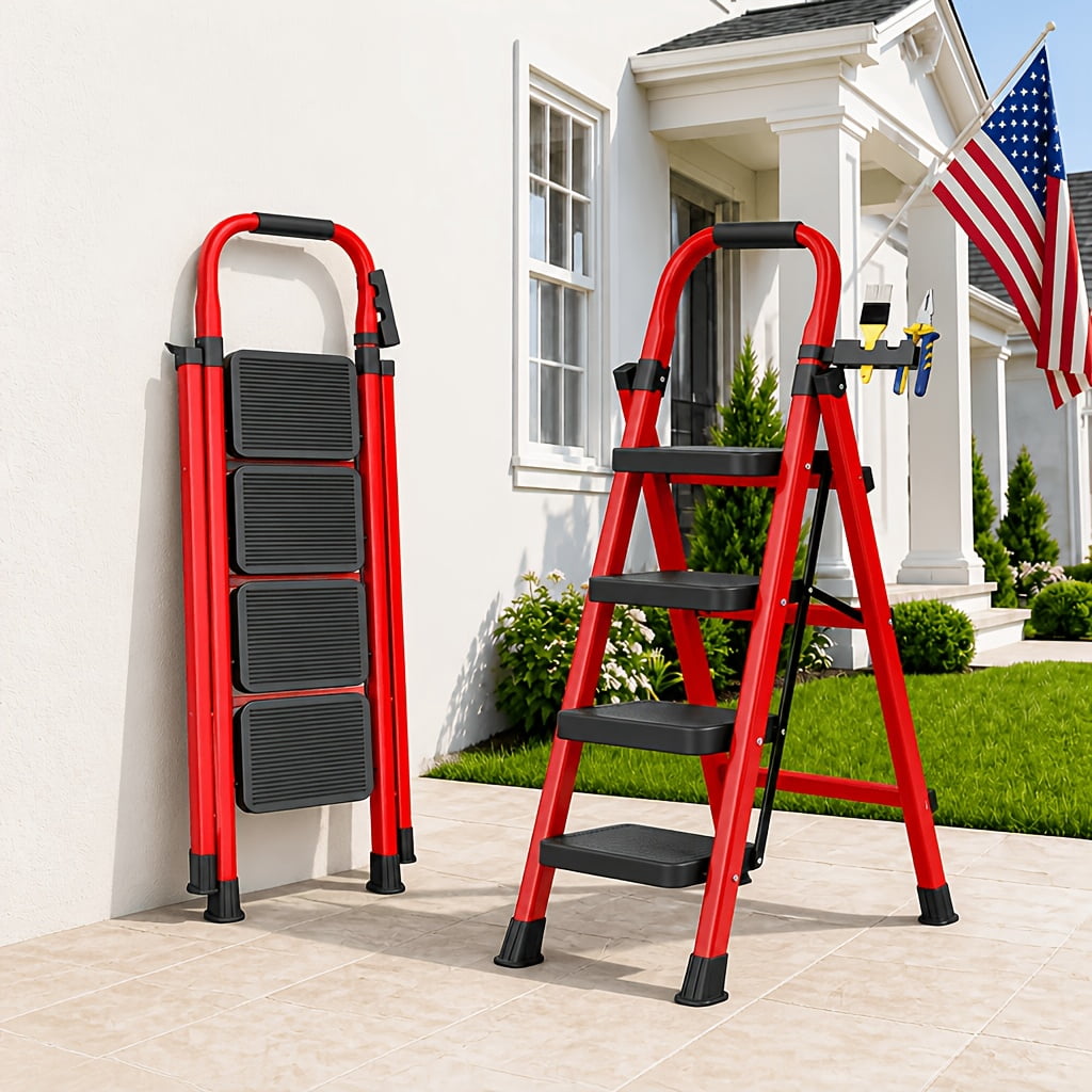 500 pound heavy-duty folding ladder, 4-step ladder with safety ...