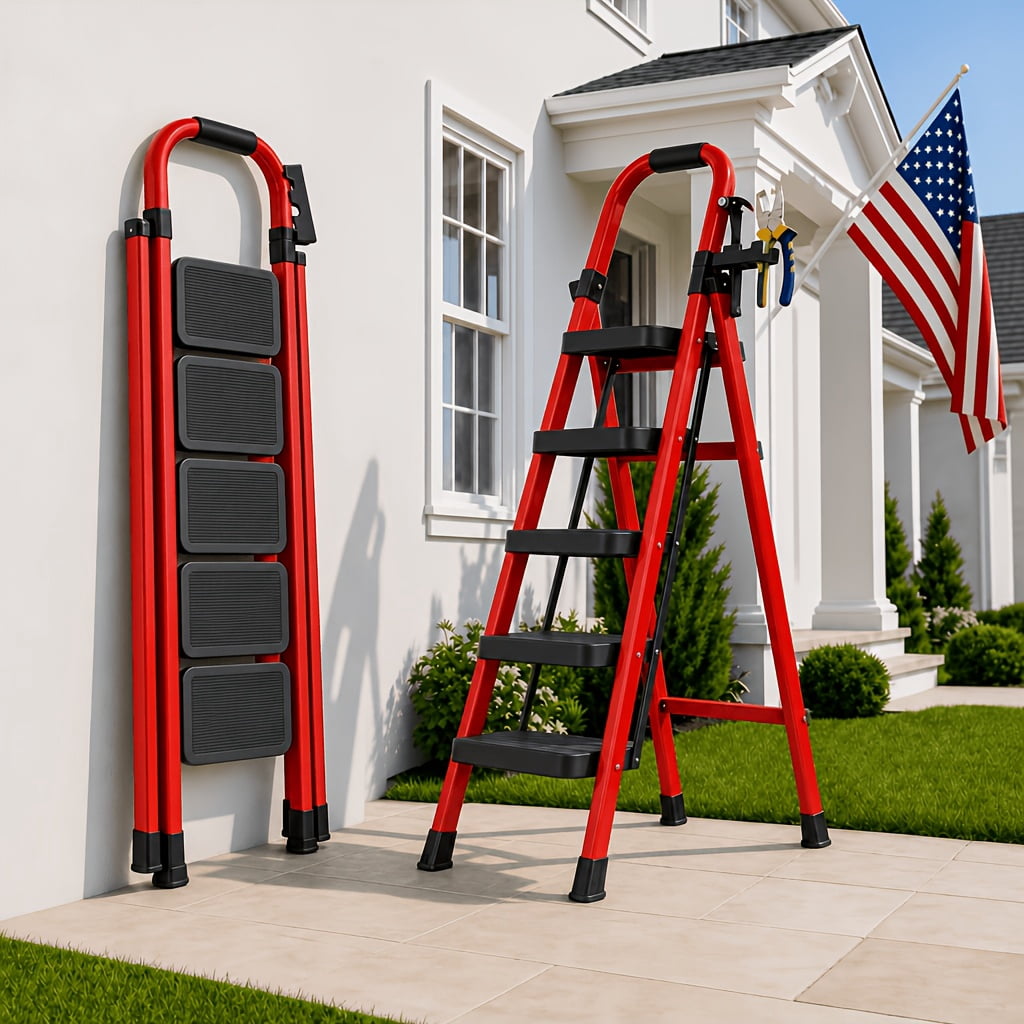 500 pound heavy-duty folding ladder, 5-step ladder with safety ...