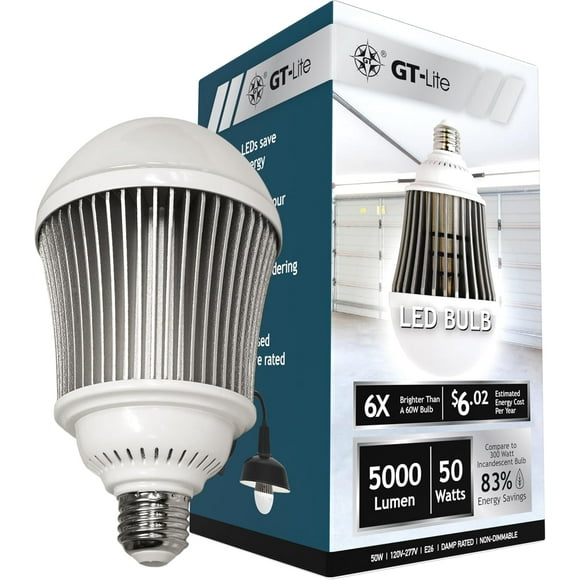 GT-Lite 50W LED A-Line Light Bulb for Garages and Workspaces, 5000 Lumens, 5000K Daylight, E26 Base