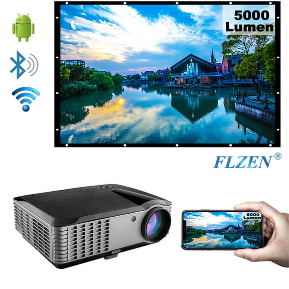 5000 Lumens Android Projector, FLZEN F1A 1080p Native Projector WiFi Bluetooth, Home Theater Projector 50"-300", Airplay Miracast Screen Mirroring, HDMI USB VGA Game Consoles TV Stick PC Compatible