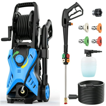 5000 PSI 2.5 GPM Electric Pressure Washer - 33FT Hose Reel, Adjustable Pressure (2500 - 5000PSI), 4 Nozzles & Foam Cannon for Car/Fence/Patio (Blue)