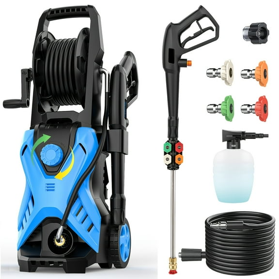5000 PSI 2.5 GPM Electric Pressure Washer - 33FT Hose Reel, Adjustable Pressure (2500 - 5000PSI), 4 Nozzles & Foam Cannon for Car/Fence/Patio (Blue)