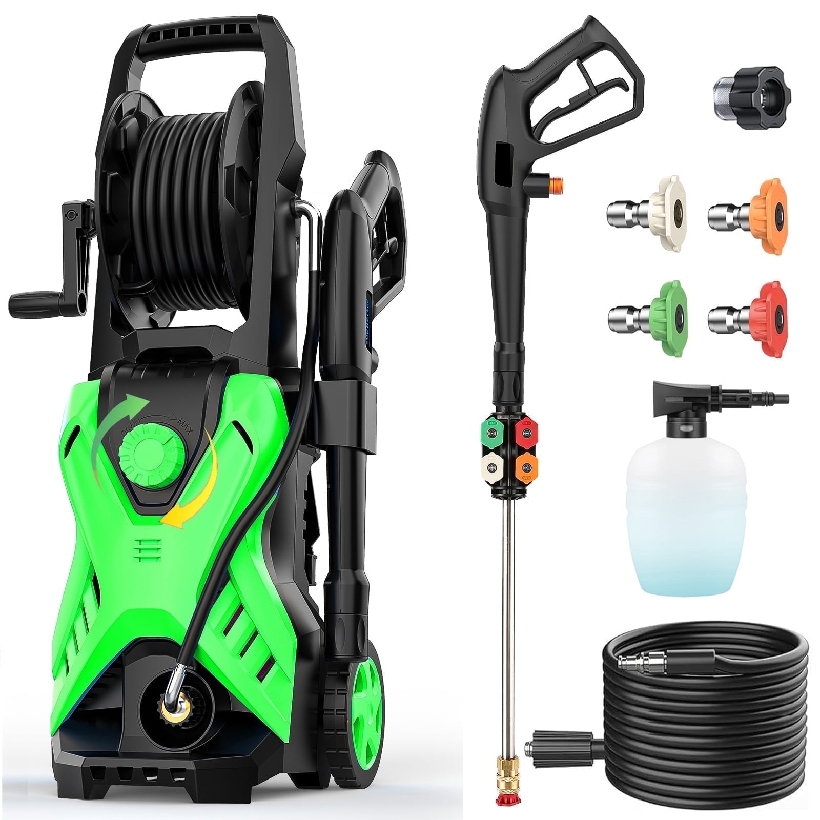 5000 Psi Electric Pressure Washer, 2.8 Gpm Power Washer with 33FT Extension Hose Reel, Pressure Adjustable (2500PSI-5000PSI), 4 Quick Connect Nozzles  for Car/Fence/Patio(Green)