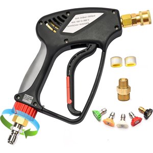 Pistola de hidrolavadora de 5000 PSI con giro de 360°, alto rendimiento de 10.5 GPM, conector macho de 3/8" y conexión rápida de 1/4", potencia máxima para lavado de autos y limpieza con espuma