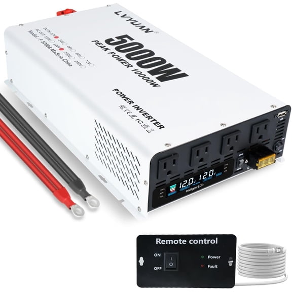 5000 Watt Power Inverter 12V to 110V 120V DC to AC Converter with 4 AC Outlets, LCD Display, USB Charge Port, Remote Control for Home RV Vehicle Outdoor Camping Car Power Inverter
