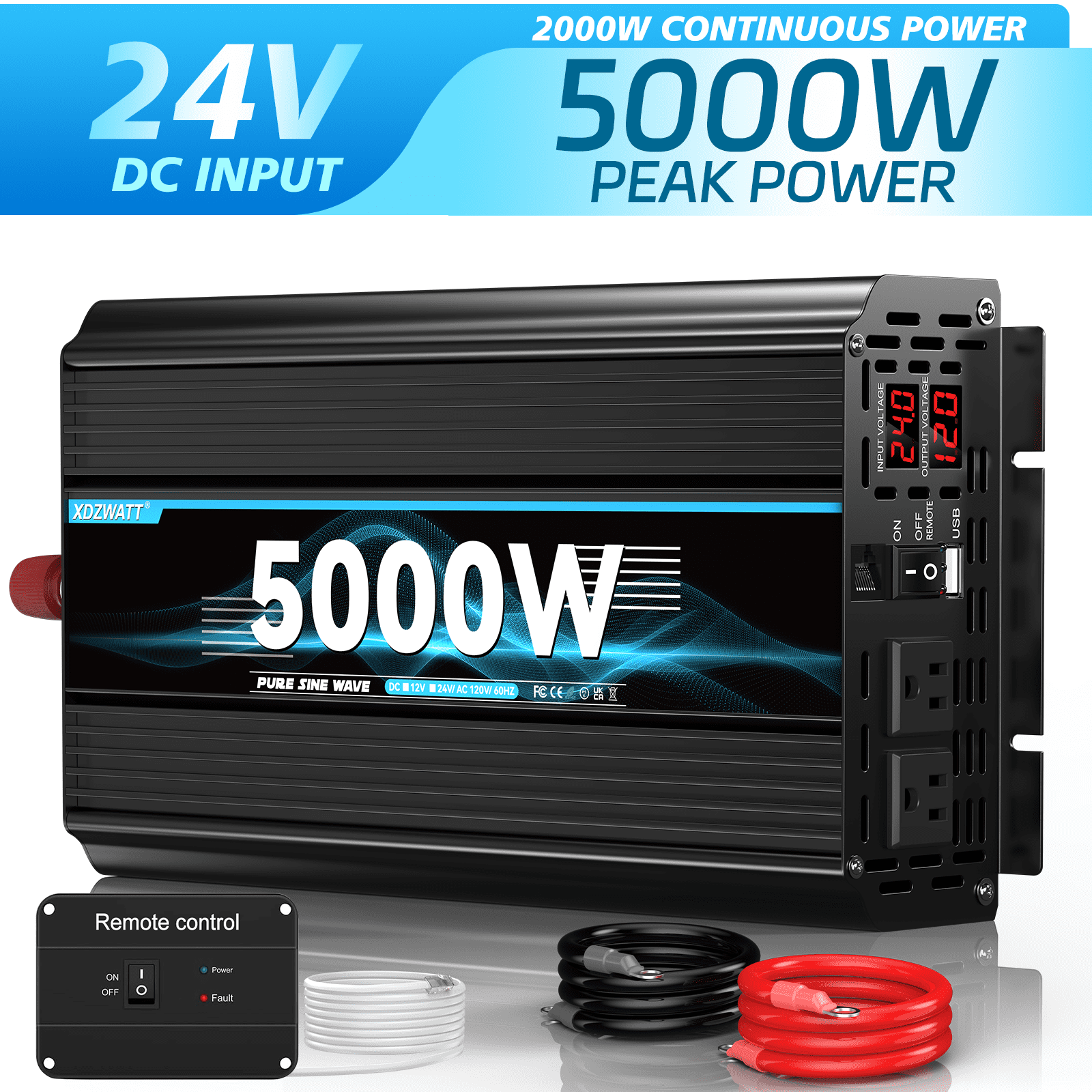 XDZWATT 24V 2000W Continuous 5000W Surge Power Inverter Type-C Ports, USB Ports for Car