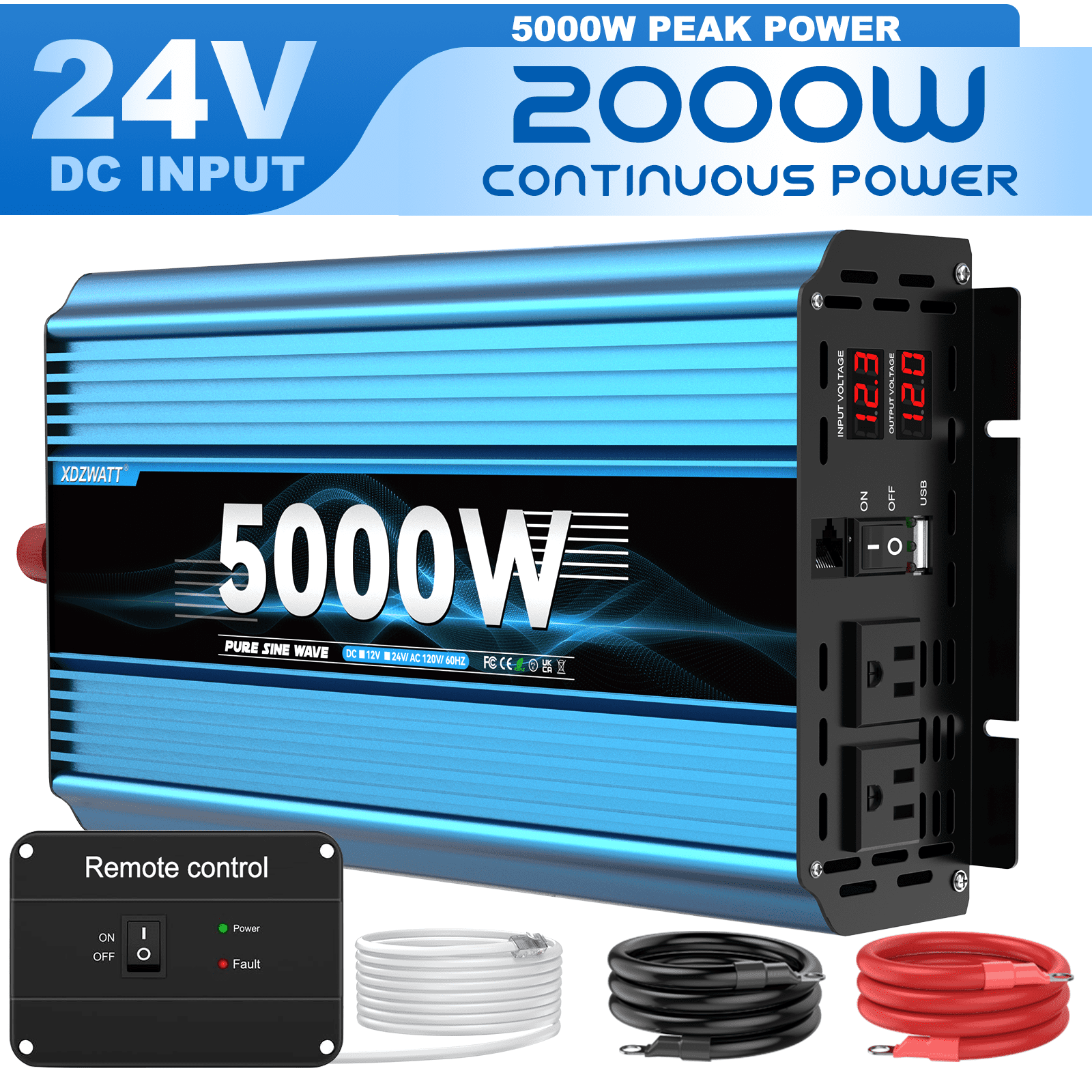 24V 2000W Continuous 5000W Surge Power Inverter LCD Display, Remote Control for Car