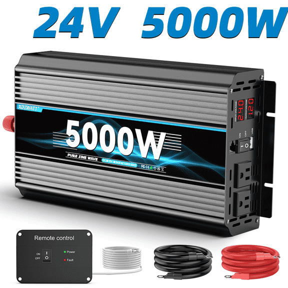5000 Watt Pure Sine Wave Power Inverter 24V DC to 110V 120V Converter for Family RV Off Grid Solar System Car with Type-C Ports 3 AC Power Outlets USB Ports LCD Display and Remote Control,Black