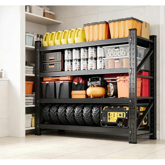5000 lbs Metal Steel Storage Shelves, 71.3" W Black 4-Tier Heavy Duty Rack, Commercial Industrial Shelving with Adjustable Shelves for Basement, Garage, Warehouse, 71.3" W x 24" D x 70" H