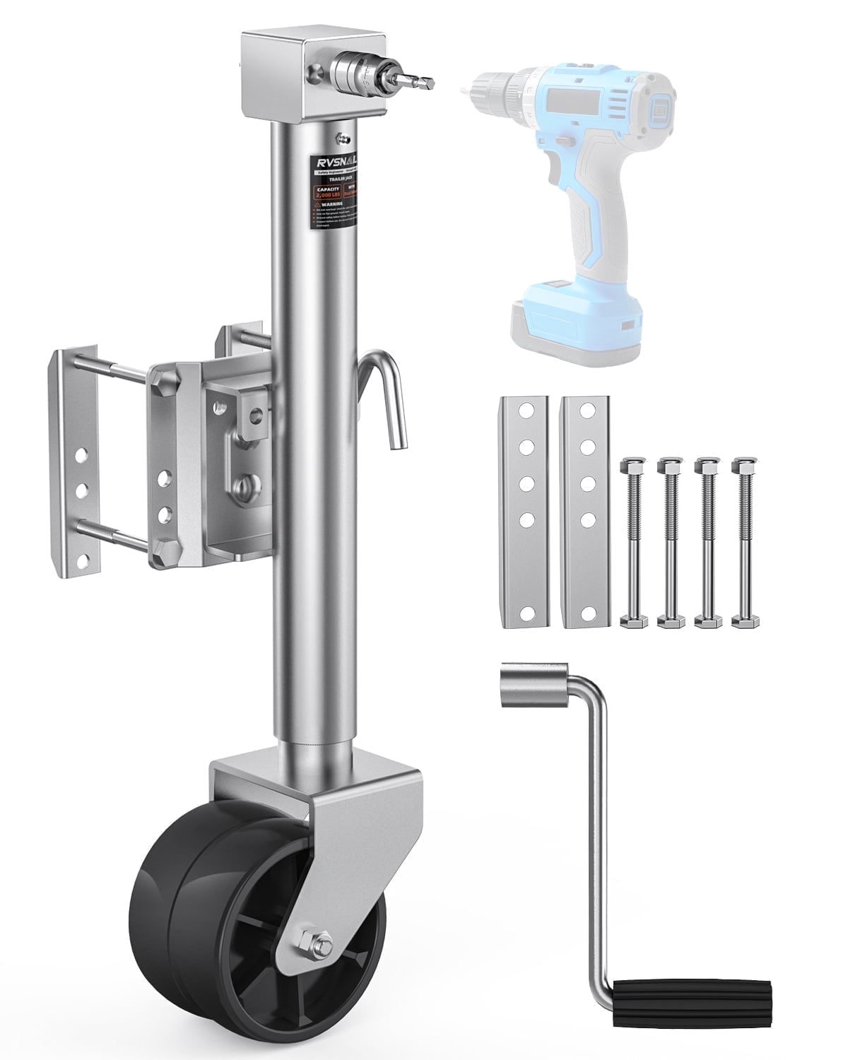 2000 lbs Trailer Jack with Dual Wheel Heavy Duty, 23" Lift, 20-24V Cordless Drill Compatible, for RV, Boat, Yacht & Utility Trailers, Sliver