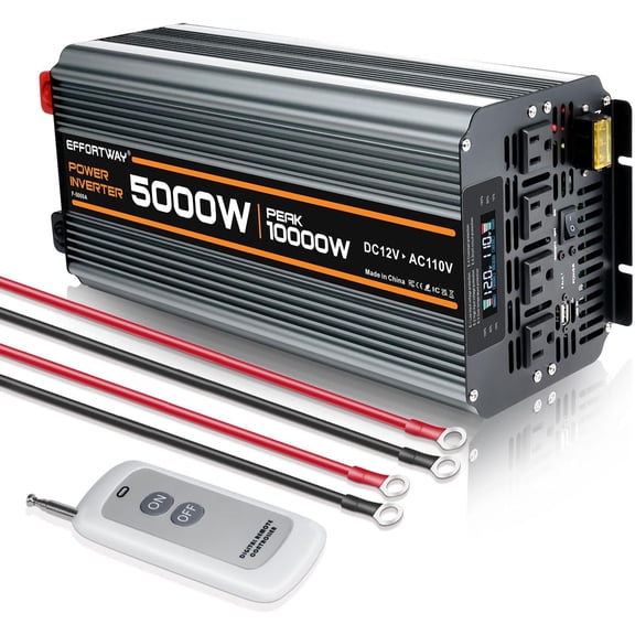 5000 watt Power Inverter DC 12V to AC 110V/120V Converter,10000w Peak.Comes with LCD Display,Wireless Controller, 4AC outlets,1USB.RV Inverter,Suitable for Camping,and Off-Grid Solar Systems