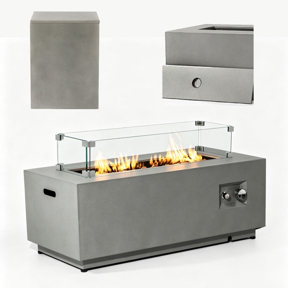 50000 BTU 42" Propane Fire Pit Table, Side Table With Gas Tank Storage, With Tempered Glass Windshield, Removable Cover & Waterproof Cover, Pulse ignition, 2-In-1 Fire Pit Table