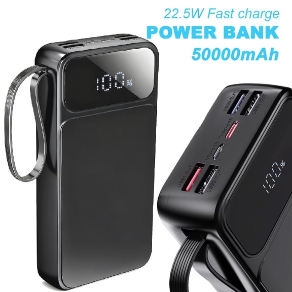 50000Mah Power Bank with 7 Outputs 3 Inputs, USB-C PD 22.5W Fast Charging, Built-in Cables & LED Display for iPhone, Samsung, iPad