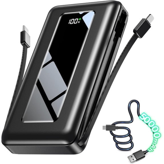 50000mAh High Capacity Portable Power Bank, Fast Charging Battery Pack With Built In Cables And Flashlight, Charges 4 Devices At Once, Travel Essential Compatible With Iphone Samsung Ipad And Laptops