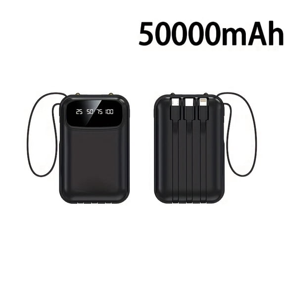50000mAh Power Bank with 4 Cables, LED Display, Fast Charging for iPhone/Android Phones, Digital Devices, Outdoor Emergency Portable Battery Pack Gift