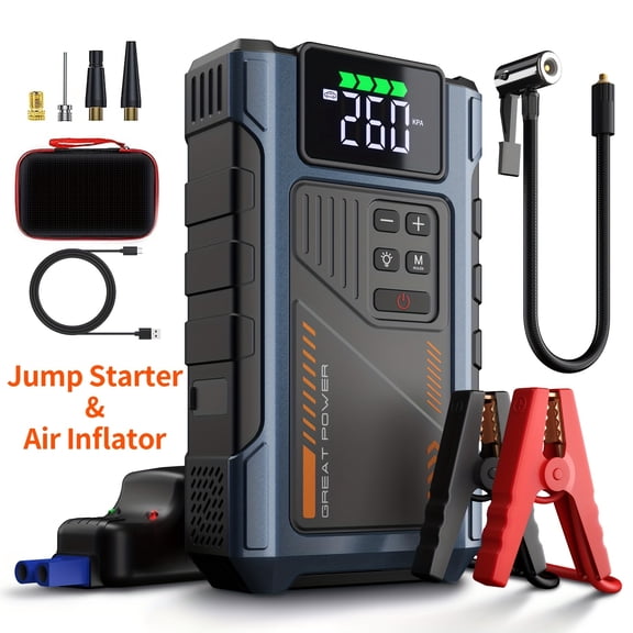 5000A 2-in-1 Car Jump Starter with Air Compressor - 12V Portable Jumper for Gas/Diesel Cars, USB Ports & LED Flashlight
