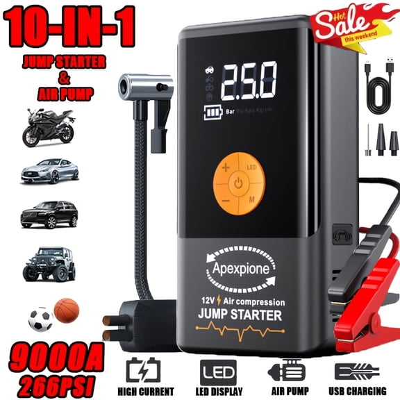 5000A/9000A 10-in-1 Car Jump Starter - 266PSI Digital Tire Inflator, 12V Battery Booster, for Gas/Diesel Vehicles, Portable Auto Charger