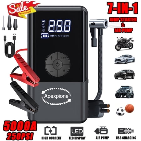 5000A/9000A 10-in-1 Car Jump Starter - 266PSI Digital Tire Inflator, 12V Battery Booster, for Gas/Diesel Vehicles, Portable Auto Charger