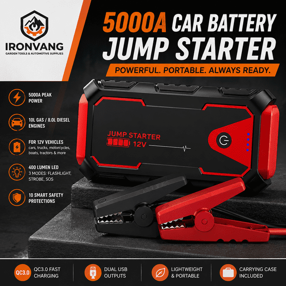 5000A Car Battery Jump Starter, Portable Jump Box for Up to 10L Gas & 8.0L Diesel Engines, 12V Auto Battery Booster Pack with QC3.0 Fast Charge, LED Emergency Light, USB Power Bank & Carrying