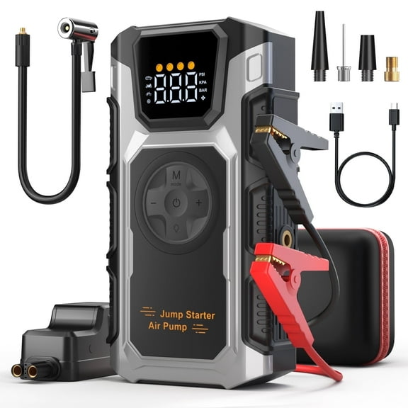 Pabulum 5000A Car Jump Starter with Air Compressor & Tire Inflator, 12V Portable Battery Booster Jump Pack for 9.0L Gas/7.5L Diesel, Jump Box Fast Charging, Power Bank, Emergency Light