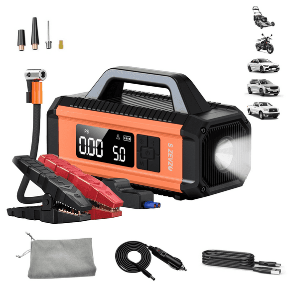 10000 mAh Car Battery Charger with 150 PSI Compressor, Car Battery Jump Starter (for All Gas/10L Diesel),with LED Light