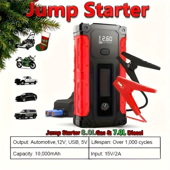 5000A Peak Portable Car Jump Starter with 150PSI Air Compressor, USB Type-C & LED Light, Emergency Power for Gas/Diesel Cars, Christmas Halloween Gift