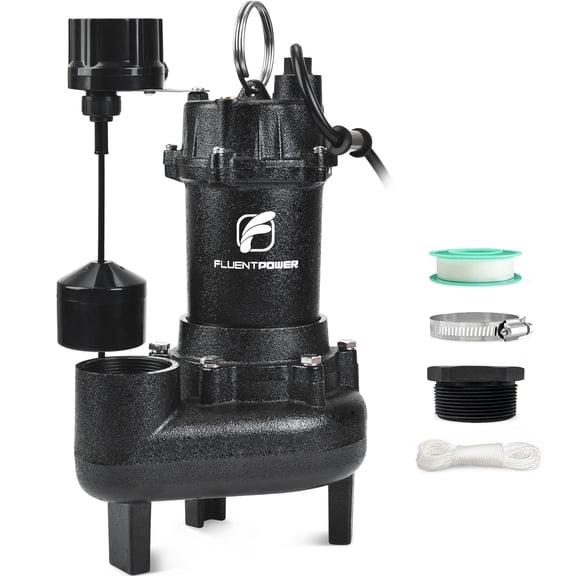 FLUENTPOWER 3/4 HP Cast Iron Submersible Sewage Effluent Pump, 5000 GPH, Automatic Vertical Float Switch, 2-In NPT, 10-Ft Cord
