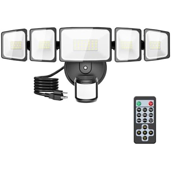 5000LM Motion Sensor Outdoor Lights Plug in, 5 Head Motion Sensor Flood Light Outdoor with Remote, Dusk to Dawn Outdoor Lighting, IP65 Waterproof Motion Detector Lights for Outside, Black