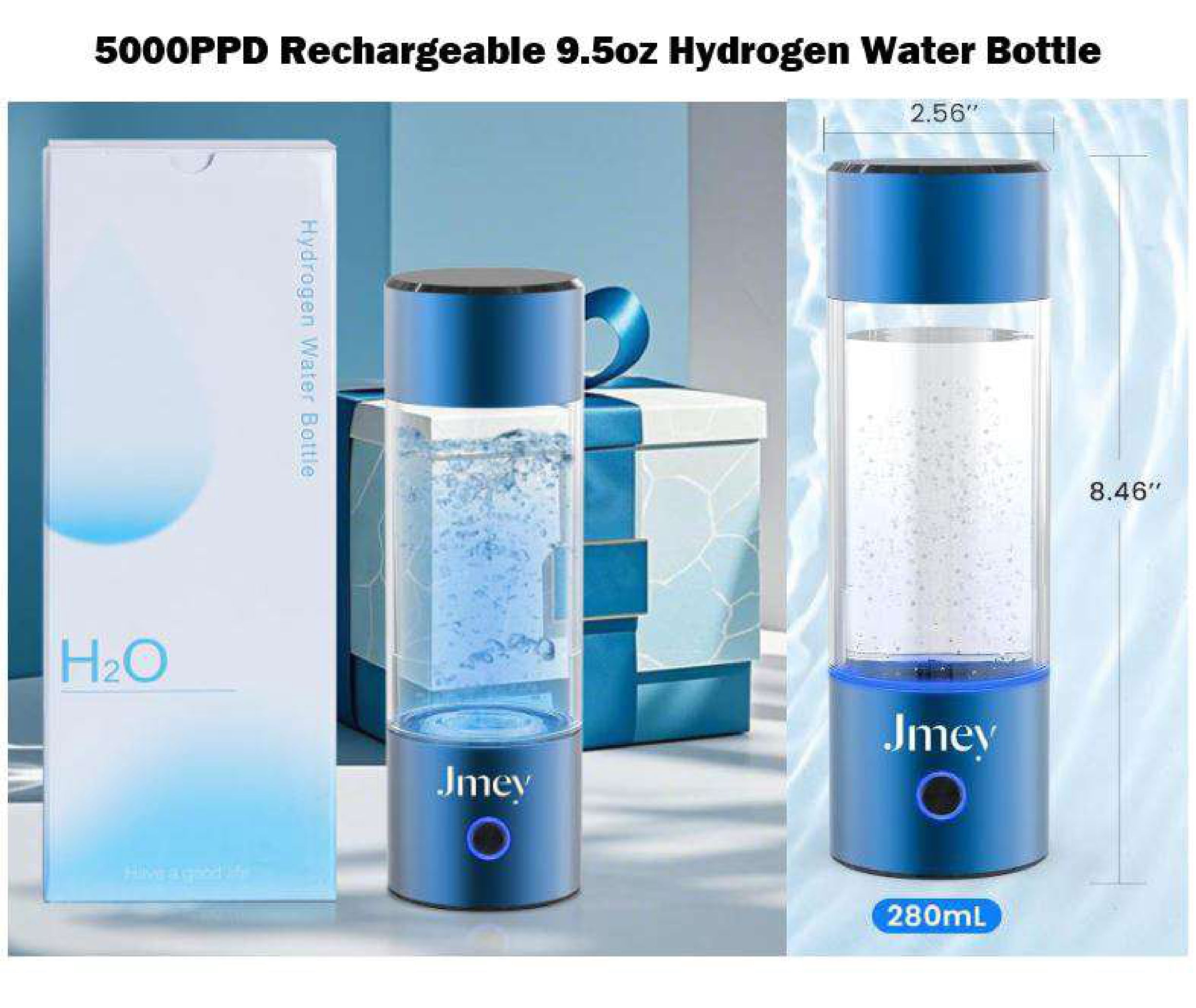 5000PPD Rechargeable 9.5oz Hydrogen Water Bottle Generator Fitness Cycling