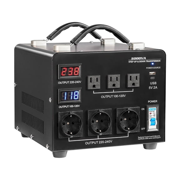 5000VA Heavy Duty Voltage Converter Transformer 110V to 220V 220V to 110V Step Up Down with LCD Display Circuit Breaker 3 US EU Outlets