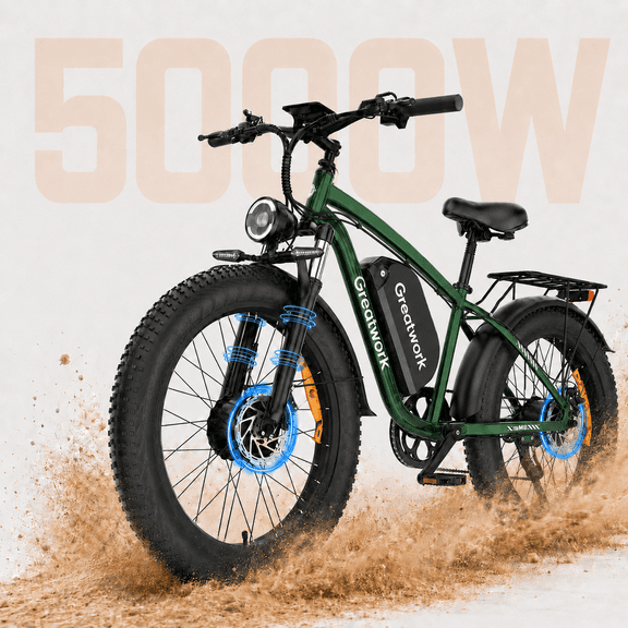 5000W Dual Motor Ebike, 45MPH Electric Bike for Adults, 52V 25AH Battery 100Miles Range E-bike, 26Inch Fat Tire Fast E Bicycles for Snow Commuter Mountain Bicycle UL 2849